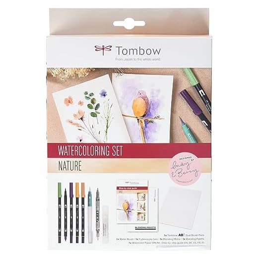 Tombow - Watercoloring Set Nature | Set de Dibujo con Pincel de Agua, Espray Pulverizador, Paleta Lavable, Papel Acuarela y Rotuladores Acuarelables