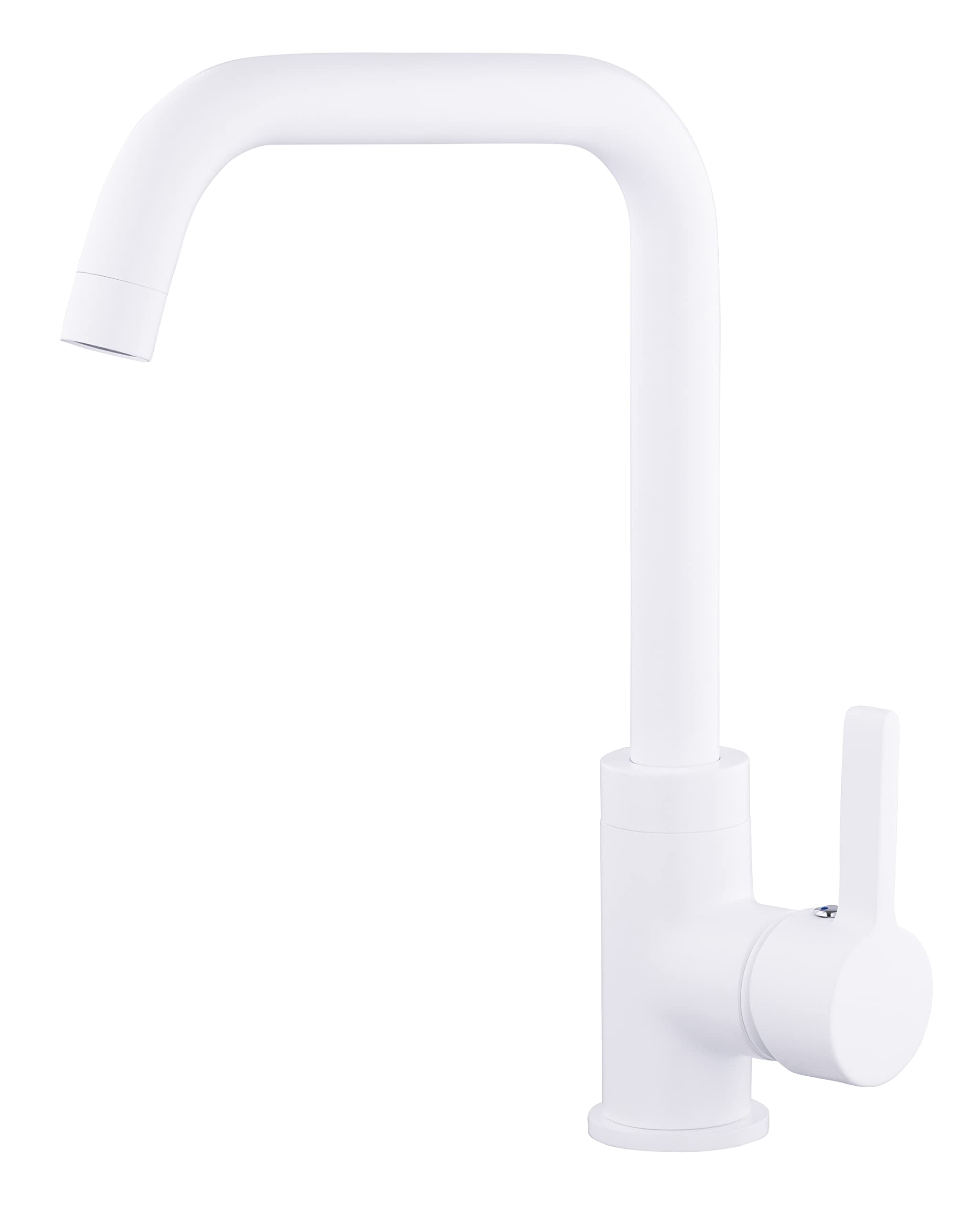 Mitigeur d'évier haut bec L finition Blanc Mat COLORADO by Eurosanit | cartouche céramique 35 mm avec butée à point dur (économie d'eau) | Corps et poignée métal | 2 flexibles inox F3/8