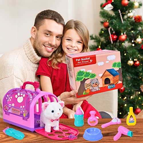 Kids Toys Pet Set Pretend Play Vet Toys Walk and Meow Little Cat Pet Care Roleplay with Feeding Tools Case Early Educational Toys for Boys Girls Toddlers 2+ Years
