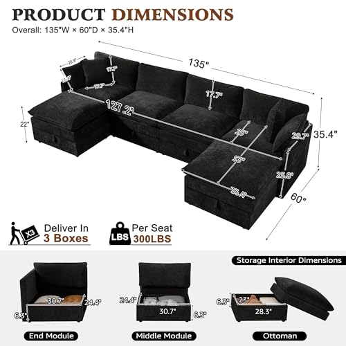 Image of Ihanherry 135 inch Modular Sectional Sofa with Storage, U Shaped Cloud Couch with Movable Ottomans & 4 Pillows, Chenille Deep Seat Sectional Couches for Living Room, Apartment (Black)