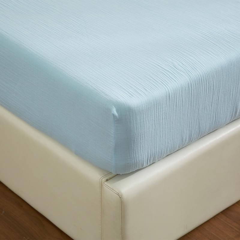 Gezu Musselin Spannbettlaken 90 x 200 cm, 100 % Baumwolle, hellblau, einfarbig, Bettlaken, Baumwollgaze, Spannbettlaken, atmungsaktiv, für dicke Matratzen, hypoallergen, bügelfrei, elastischer Saum