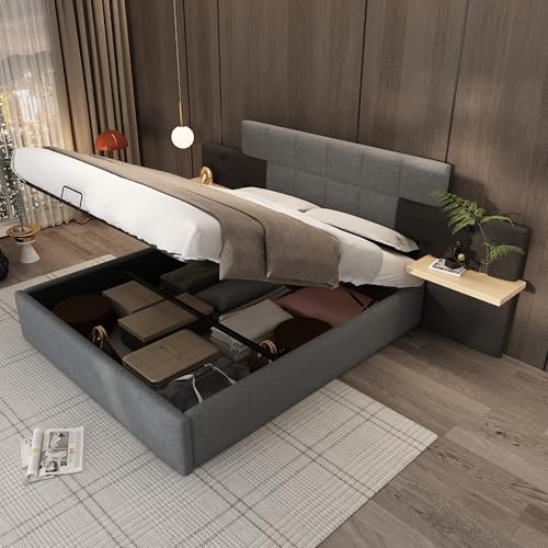 KecDuey Cama tapizada de 180 x 200 cm, cama de matrimonio hidráulica de lino con estantes de color madera, carga USB, con espacio de almacenamiento, somier de láminas de madera