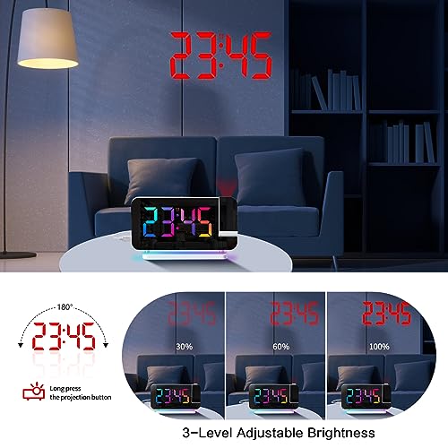 ThreeH Projection Alarm Clock LED RGB Colorful Clock with Mirror Surface Display Auto Dimming Voleme Adjustable Dual USB Charging Ports Night Light White - Image 4