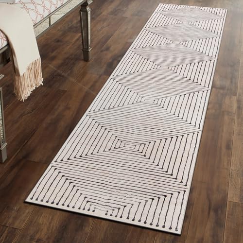 Rugshop Marbella Bohemian Stripes Washable Non Slip Runner Rug 2' x 8' Beige