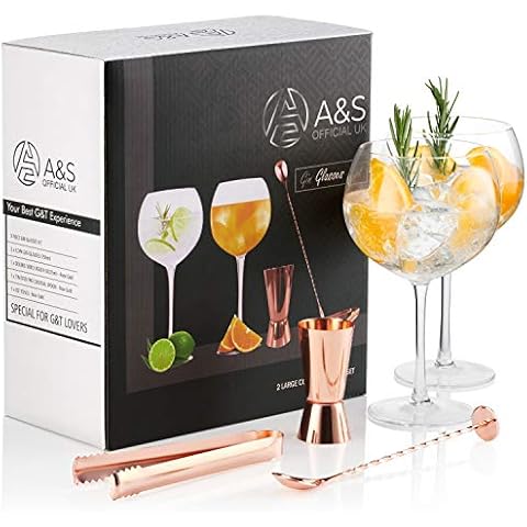 A&S Gin Glasses Set - Gin Glasses Set of 2 with Rose Gold Accessories Including Cocktail Spoon, Double Sided Jigger and Ice Tongs. Perfect 5 Piece Cocktail Glass Set - Gin Gift Set Cover