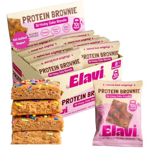 ELAVI Birthday Cake Blondie Protein Brownies - 10g Plant Protein & 10g Fiber - Vegan Gluten Free No Added Sugar No Sugar Alcohols - Dye-Free Sprinkles Kid Friendly Non-Dairy Snack (8 Pack)