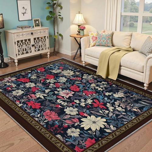 Brown Border Low Pile Rugs 3' x 4' Vibrant Flowers & Plants Pattern Carpet for Living Room French Garden Style Floor Decor Machine Wash