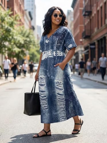 Image of SUZONANA Plus Size Denim Print Maxi Dresses for Women Casual V Neck Short Sleeve with Pockets Soft Jean Look Dress XL-6XL