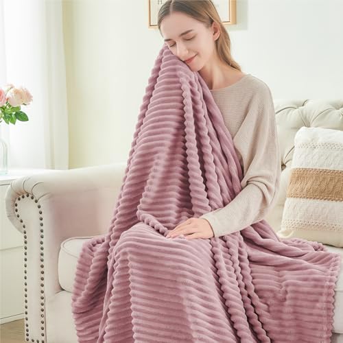 Image of BEDELITE Fleece Throw Blanket for Couch - 3D Ribbed Jacquard Soft and Warm Decorative Fuzzy Blanket - Cozy, Fluffy, Plush Lightweight Berry Purple Throw Blankets for Bed, Sofa, 50x60 inches