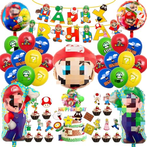 MLA Balloon Super Birthday Decorations Bros- Boys Girls Party Decorations Haing Swirls Foil Balloons Happy Birthday Banner Cake Toppers Party Balloons for Kids Theme Party Supplies Decorations