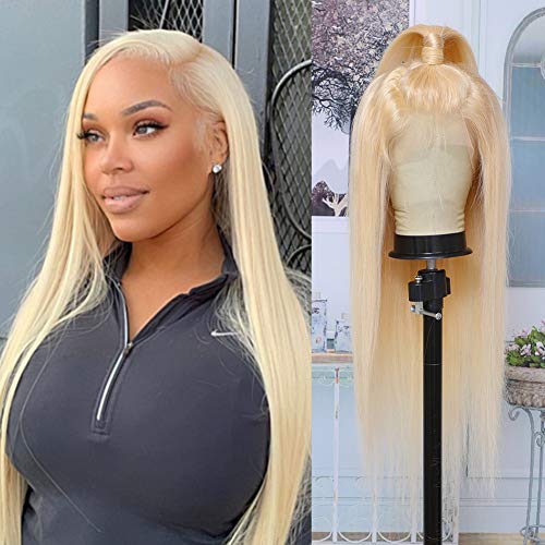 SUNYUON 613 Blonde Lace Front Wig Human Hair 13x4 Brazilian Straight Lace Frontal Wig Pre Plucked with Baby Hair 150% Density Light Blonde Human Hair Wigs for Black Woman Bleached Knots (20 Inch)