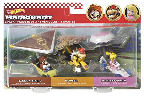 Hot Wheels Mario Kart, Coffret de 3 véhicules-personnages, Petites Voitures avec Figurines Super Mario à collectionner, Dès 3 ans, HDB39