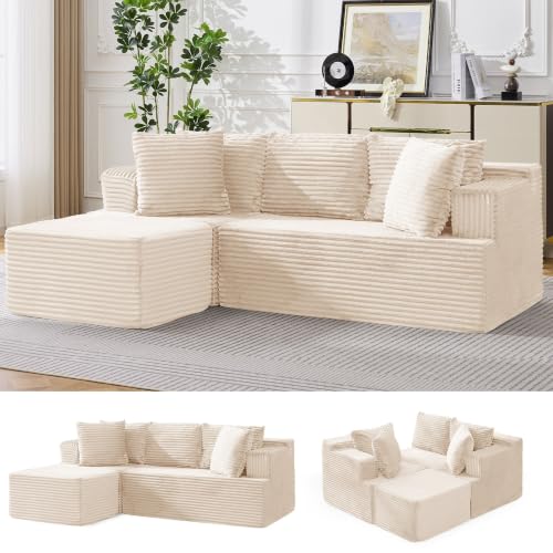 Image of Korser Boneless Couches for Living Room, Cloud Couch Sectional with Ottoman, L-Shaped Sofa with Fluffy Comfy Corduroy Deep Seat, Bedroom, Apartment, No Assembly Required
