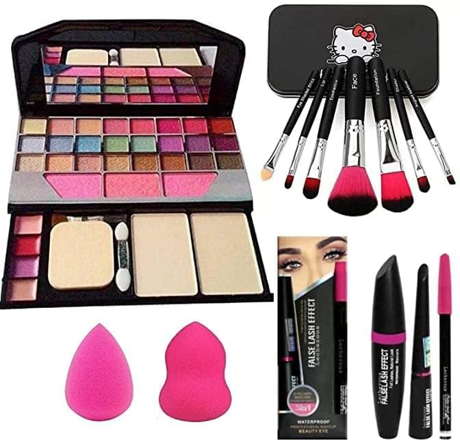 WRYAK Multicolour Makeup Kit and 7 Black Makeup Brushes Set, 3in1 Eyeliner, Mascara, Eyebrow Pencil with 2 Pink Beauty Blenders - (Pack of 13)