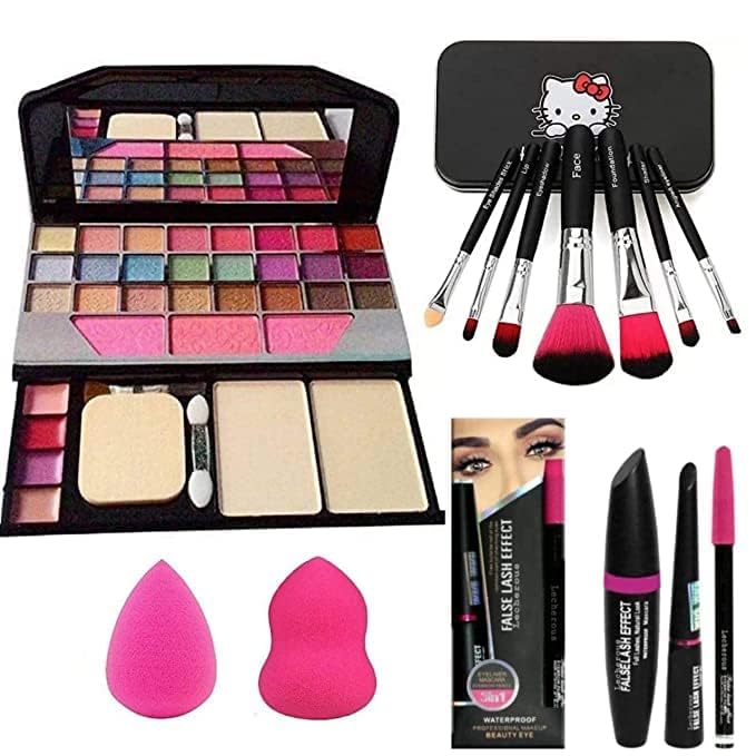 WRYAK Multicolour Makeup Kit and 7 Black Makeup Brushes Set, 3in1 Eyeliner, Mascara, Eyebrow Pencil with 2 Pink Beauty Blenders - (Pack of 13)