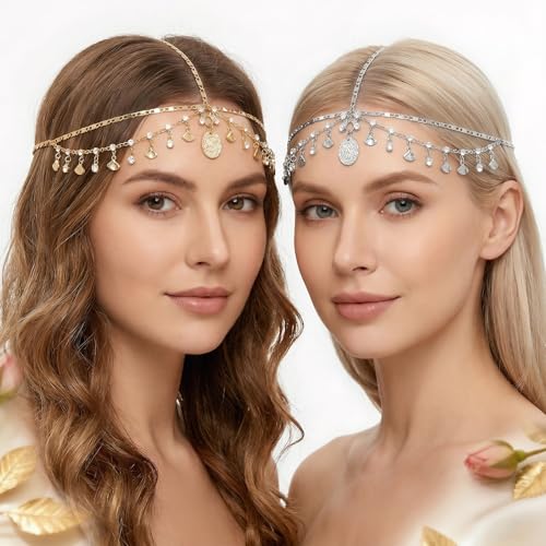 2 Stück Kopfkette Haarschmuck Gold Boho Schmuck Mehrlagige Quaste Kopfschmuck Haarschmuck Damen Geeignet für Musikfestivals Karneval und Themenpartys (Gold Silber)