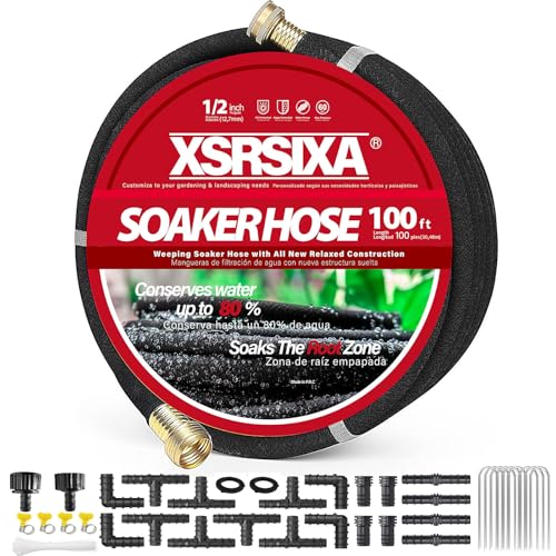 XDRSIXA 100FT Heavy Duty Soaker Hose – 1/2' Ultra-Flexible Rubber with Reinforced Core, 20% Stronger Stretch & Even Water Flow for Gardens, Lawns, Raised Beds (Drip Irrigation Hose Kit)