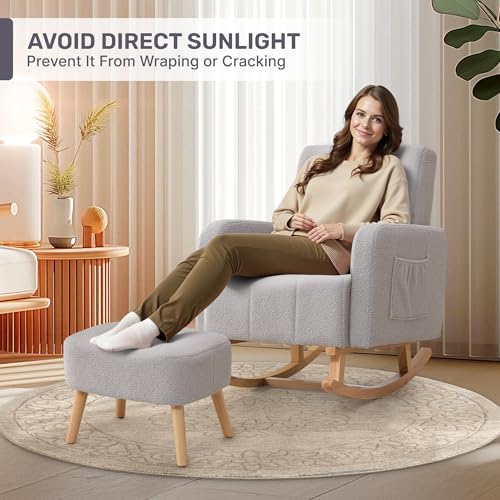 Image of HCHAIRH Nursery Rocking Chair with Ottoman, Upholstered Glider Rocker with High Backrest Side Pocket, Rocking Accent Armchair with Solid Wood Legs for Nursery, Living Room, Bedroom, Light Grey