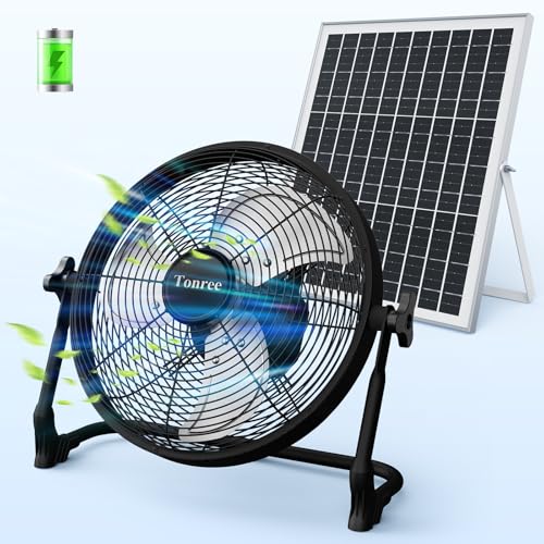 14' Portable Battery Operated Solar Fan, Rechargeable Floor Fan, Hi-Velocity Cordless Camping Fan,...
