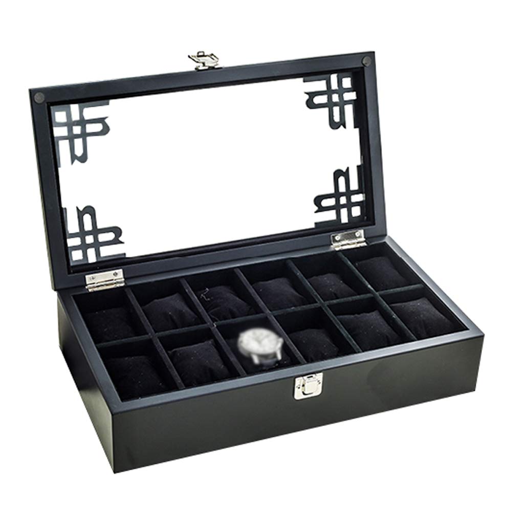 MUSUMI Caja de reloj de Madera con tapa de vidrio,caja de almacenamiento de joyería de lujo para 12 relojes,organizador de gemelos con almohada de almacenamiento extraíble y Hebilla de Metal