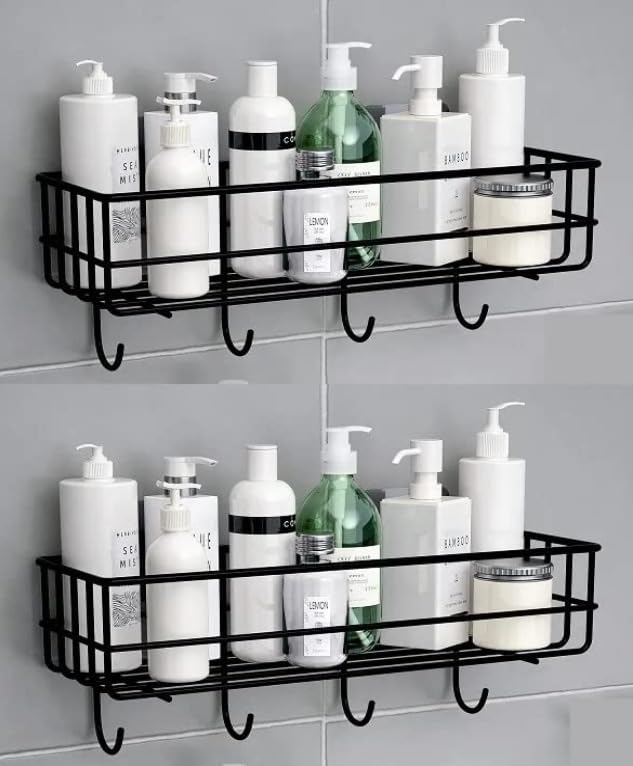 NARIYA Self Adhesive Bathroom Shelf for Wall | No-Drill Shelf Organizer | Waterproof Kitchen Storage Rack | Heavy-Duty Magic Sticker Shelf | Rust-Proof Powder Coated Metal | Black(Pack of2)