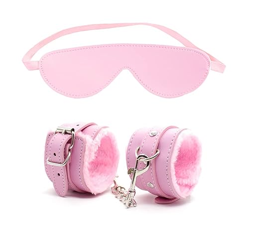Sex Restraints Handcuffs BDSM Plush Blindfold Sleep Mask Wrist Ankle Cuffs for Couples Bondage Fetish Adjustable - Pink