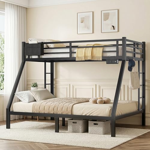 XUWANSHANG Twin Over Full Bunk Bed Frame, Heavy Duty Metal Loft Bed for Adults/Teens, 250/350LB Capacity w/Ladder & Guardrail, Noise-Free Steel Slats, No Box Spring Required, Black