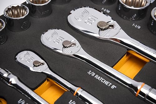 Image of GEARWRENCH 83 Pc. 1 /4, 3 /8 inch, 1 /2 inch 90-Tooth SAE /Metric Mechanics Tool Set with EVA Foam Tray - 86529