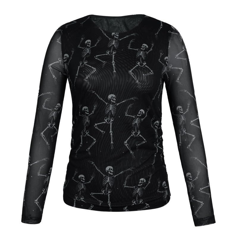 Image of Halloween Shirt Women Spooky Season See Through Mesh Long Sleeve Top