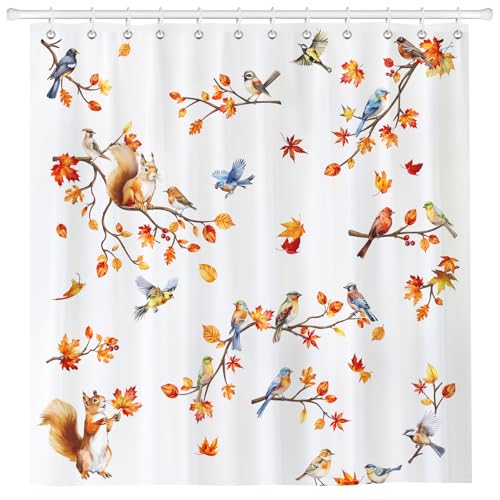 Arquiel Duschvorhang Ahornblatt Vogel Herbst Waschbar 182x182 cm Polyester Badezimmervorhang Dekor für Bad Dusche Badezimmer mit 12 Ösen & Ringen