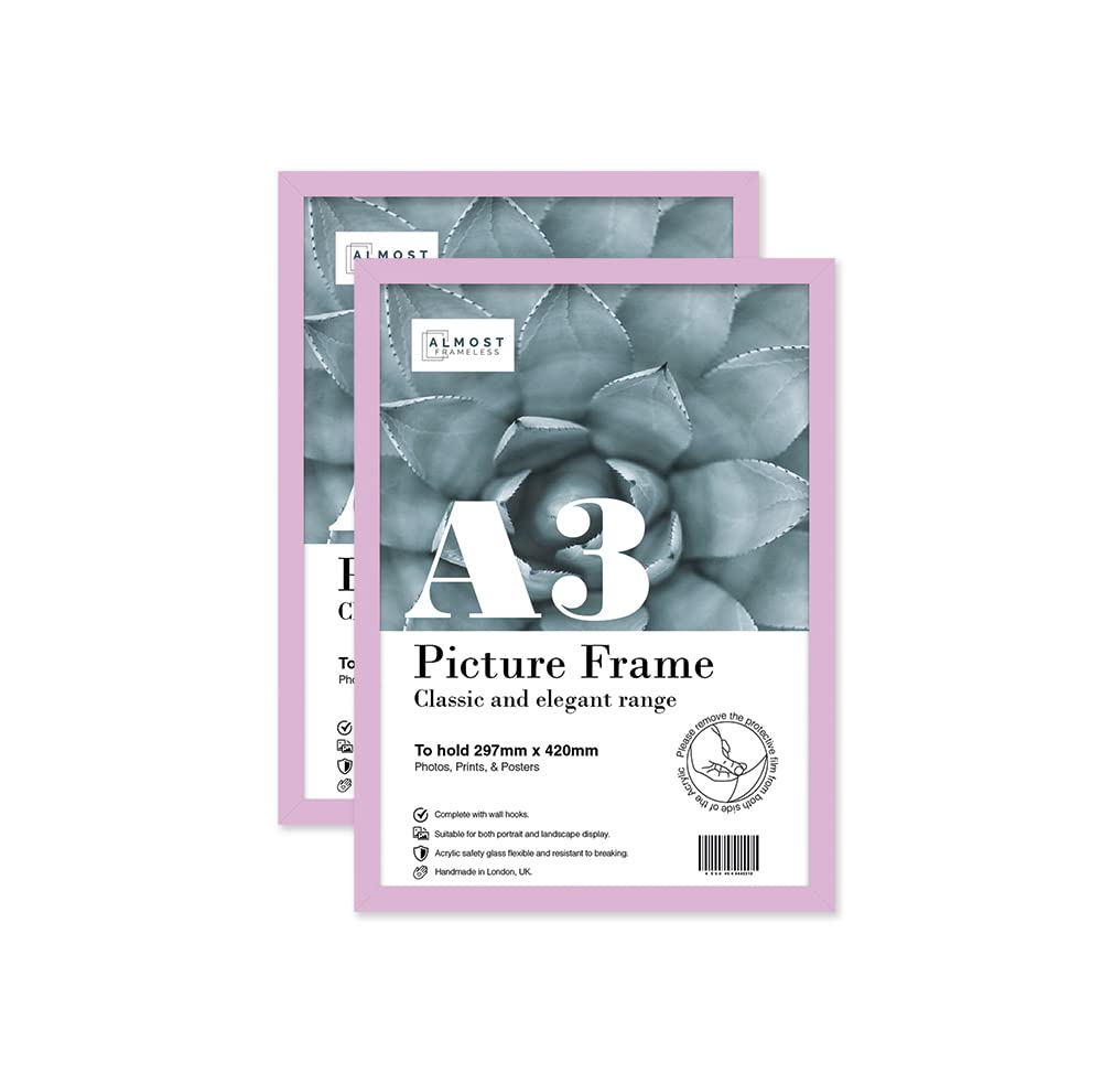 Almost Frameless A3 Lilac Picture Frame Set of 2, Display A3 Picture Gallery Wall, Poster, Photo, Artwork, or Print, Lilac