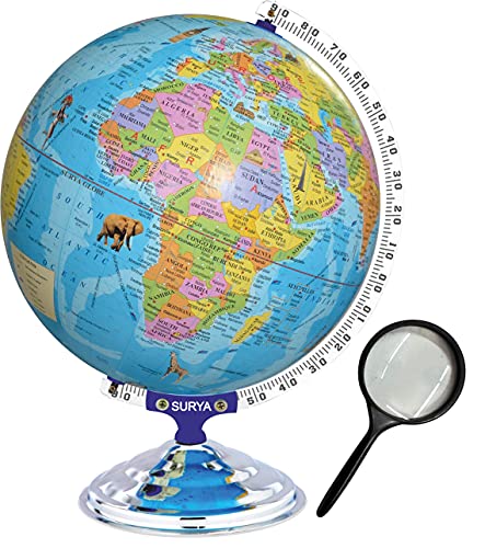 Image of Globe for Kids /Students 16 inch Height 12 inch diameter with monuments Mittal Educational World Maps with 75mm Magnifying Glass for Kids /Office /Political Globes for Students Desk & Table Top