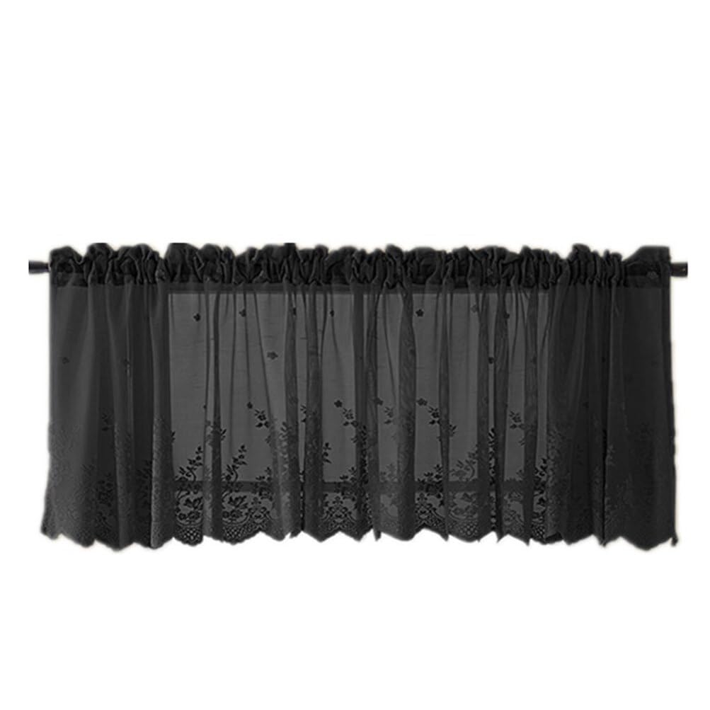 HOMSFOU Lace Curtain Valance Floral Embroidered Half Window Sheer Curtains for Kitchen Cafe Dinning Living Room 130x41cm Black