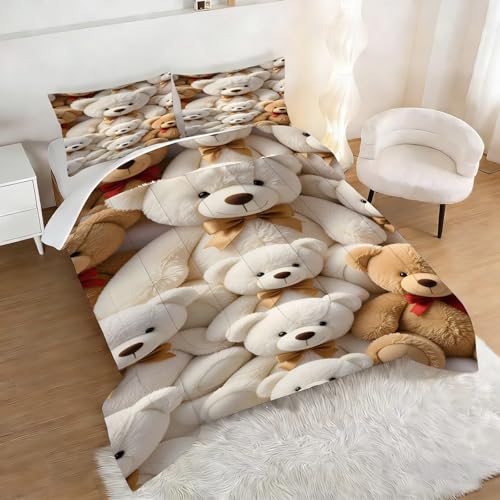 Image of Teddy Bear Comforter Set Full Size Cute Toy Bear Bedding Sets for Girls Boys Kids Adults Bedroom Decor Kawaii Animal Quilt 1 Comforter 2 Pillowcases