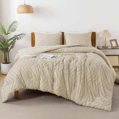Image of Andency Light Khaki Comforter Set Queen Size, Boho Soft Warm Tufted Bedding Comforter Sets for Queen Size Bed, 3 Pieces Aesthetic Chevron Farmhouse Cute Bohemian Textured Bed Set