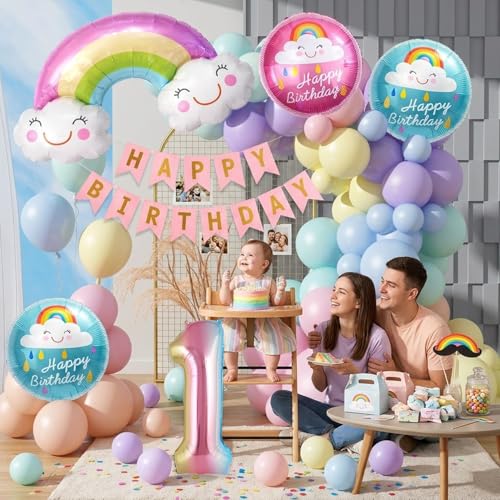 Image of Set of 59 Pcs 1st Birthday Decoration Kit with Rainbow Foil Balloon | First Birthday Decoration for Baby Boy and Baby Girl Rainbow Theme Party Decor