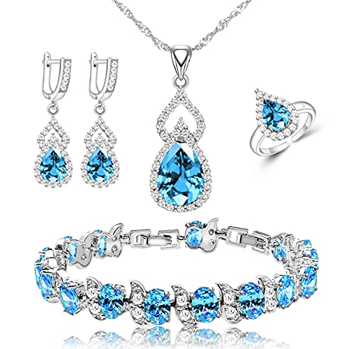 LMXXVJ Sky Blue Crystal Necklace Earrings Bracelet Adjustable Ring Set for Women White Gold Plated Wedding Party Jewelry Sets with Water Drop Shaped Stone