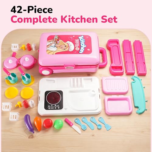 Image of Lifelong Big Kitchen Play Set for Kids 3-5 Years | Portable Suitcase Toy Kitchen | 28-Piece Pretend Cooking Accessories with Stove, Pots, Pans & Play Food | Plastic Playset for Girls (Pink, 39*20*12)