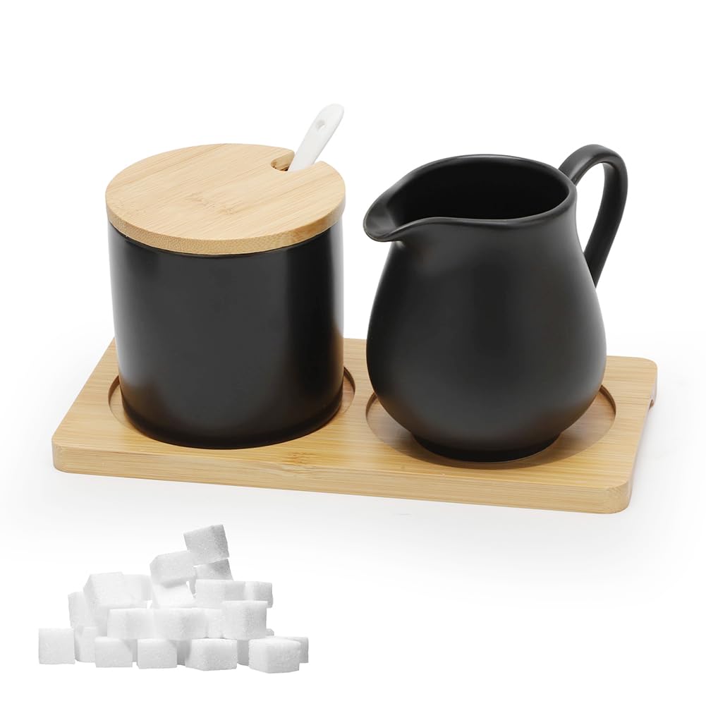 Yuragim Milch und Zucker Set mit Deckel und Löffel, 5-teilig Keramik Milchkännchen und Zuckerdose mit Holz Tablet,Milch- & Zuckerbehälter für Küche Kaffee Mikrowellen- und Spülmaschinenfest (Schwarz)
