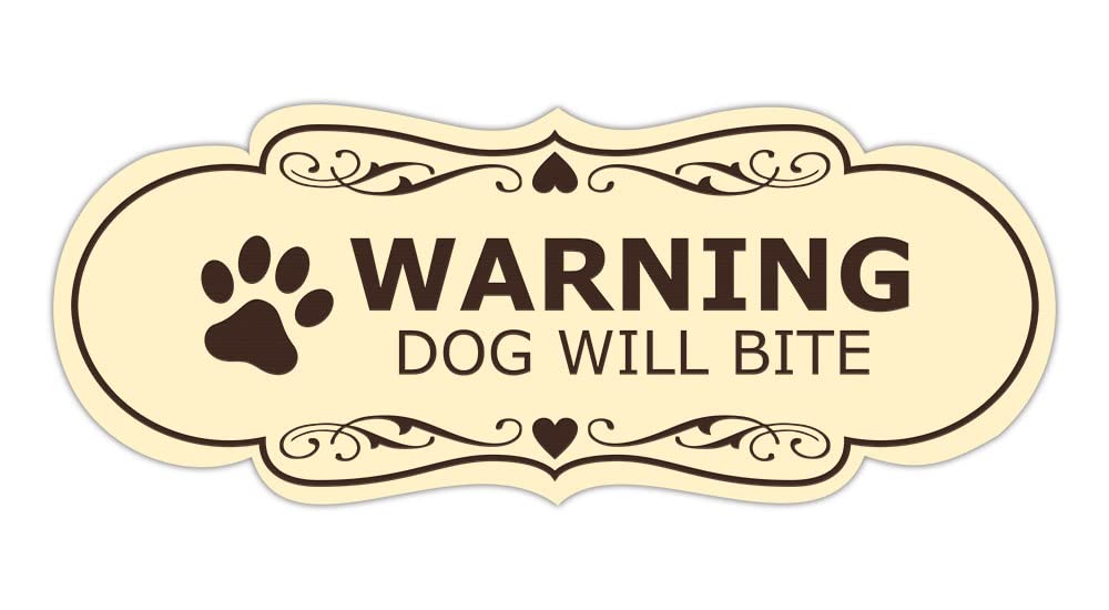 Signs ByLITA Designer Warning Dog Will Bite Sign (Ivory/Dark Brown) - Large