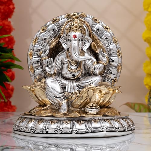 Image of Idolkart 24k Gold and 999 Silver Coated Ganeshji Divine Boxes | Photo with Charan Paduka for Pooja Room (Antique Gold and Silver, 8 Inch)