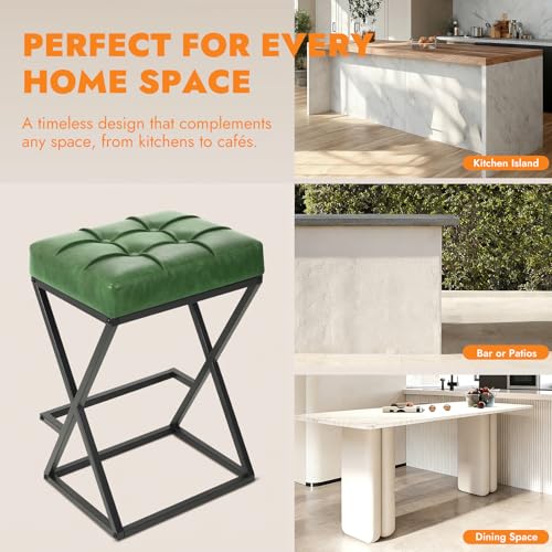 Image of Bar Stools Set of 3, 26 Inch Counter Height Stool Faux Leather Green | Backless Counter Stools with X-Frame Metal Legs, 3.3 inch Upholstered Seat, Mid-Century Modern, for Kitchen Island, Home Bar