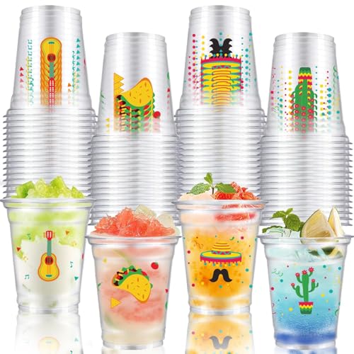 50 Pcs Fiesta Theme Cups 12 oz Drinking Cups Cinco De Mayo Party Decorations Mexican Disposable Clear Plastic Cup for CSummer Pool Mexicana Birthday Party Supplies