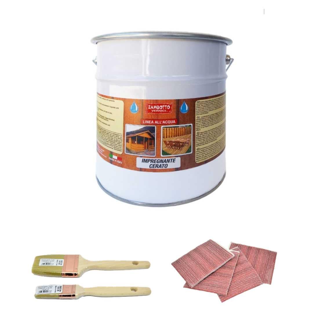 ZAMBOTTO VERNICI KIT carta e pennelli + Impregnante cerato all'acqua per legno interni ed esterni in varie colorazioni FORMATO 0,75 LITRI (207 - Teck)