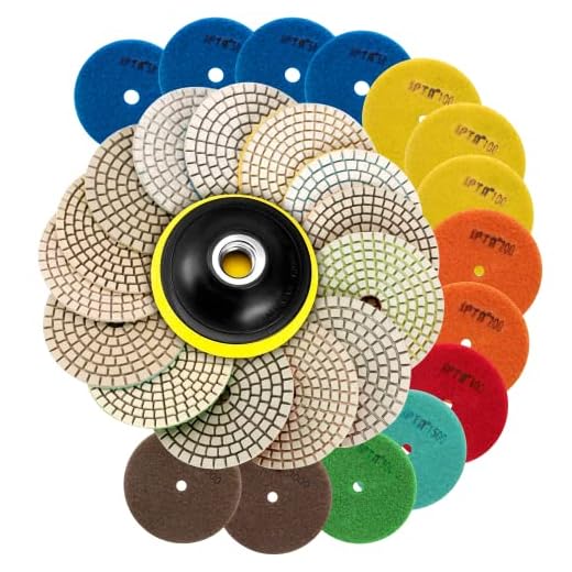 SPTA 15pcs Diamond Wet Polishing Pads Set, 4 inch Pads for Granite Stone Concrete Marble Floor Grinder or Polisher, 50#-6000# with Hook & Loop Backing Holder Pads for Wet Polisher