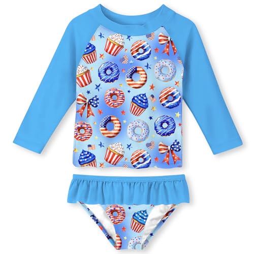 Image of Funnycokid Girls Swimsuit Toddler Bathing Suit Long Sleeve 2 Piece Rash Guard Set for Kids 2-10 Years