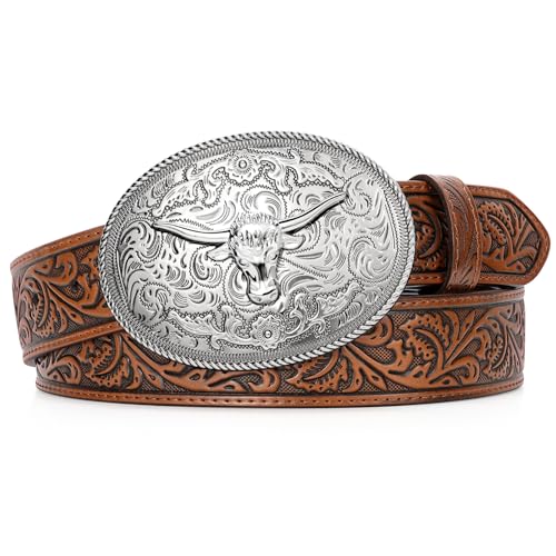 LEACOOLKEY Men's Leather Belt Western Cowboy Leather Belt for Jeans Pants Snap Belt with Detachable Buckle