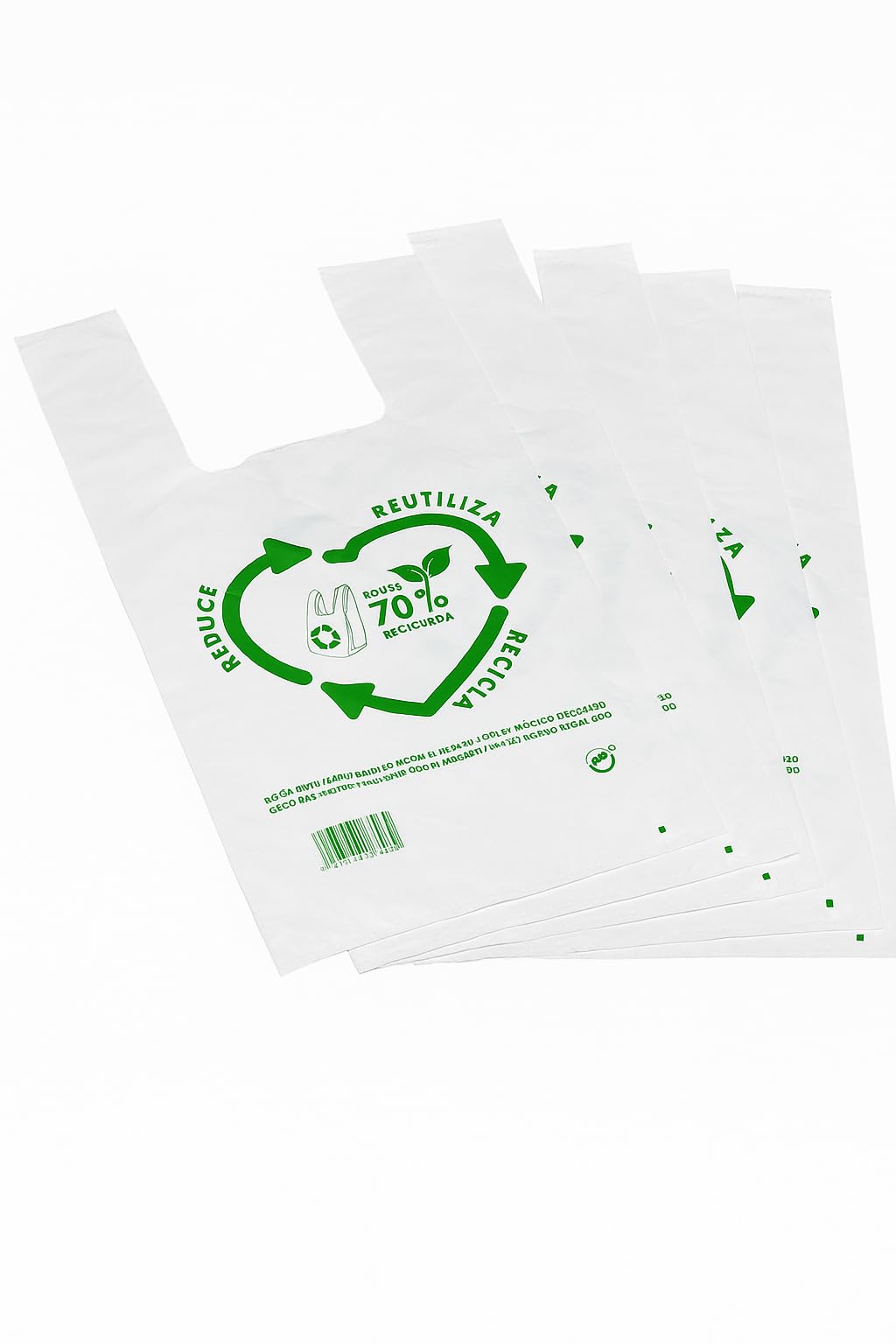 Sac plastique. Anse en plastique. Sacs T-shirt 50 microns 70% recyclés BLANC. Sacs avec poignées 80x85cm. PACK 25 unités de sacs. Haute résistance. Sac biodegradable