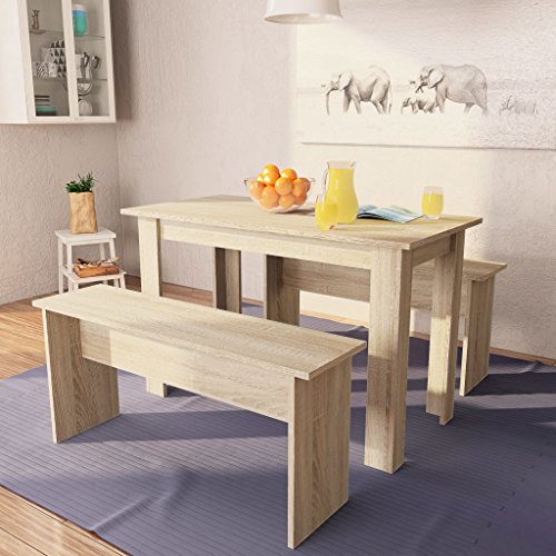 Festnight - Conjunto de comedor moderno con 1 mesa y 2 bancos aglomerado, roble