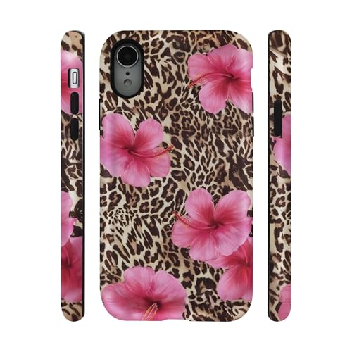 qizjio Aesthetic Leopard Print Phone Case – Pink Hibiscus Flower 2000s Style, Cute Cheetah Pattern Protective Cover for iPhone XR